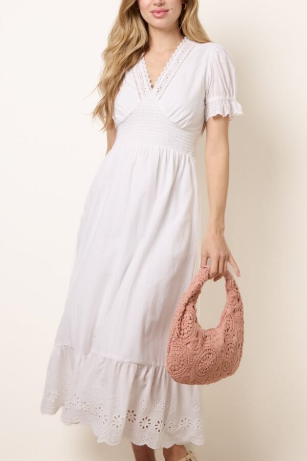 Broderie Anglaise V-Neck Midi Dress- White