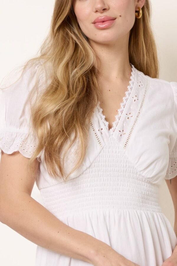 Broderie Anglaise V-Neck Midi Dress- White