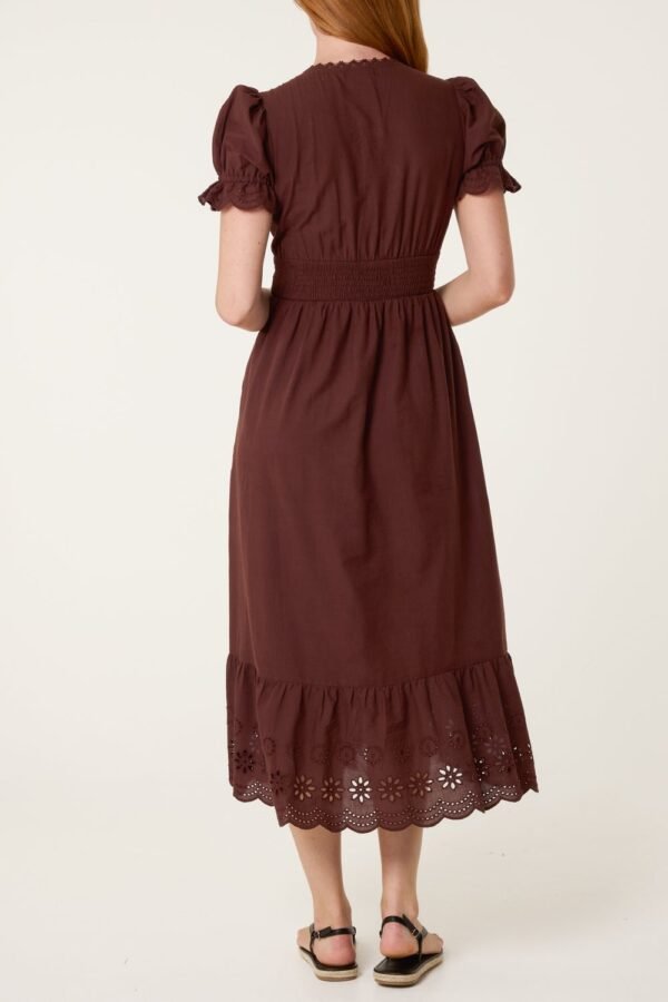 Broderie Anglaise V-Neck Midi Dress -Chocolate Brown
