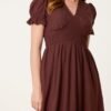 Broderie Anglaise V-Neck Midi Dress -Chocolate Brown
