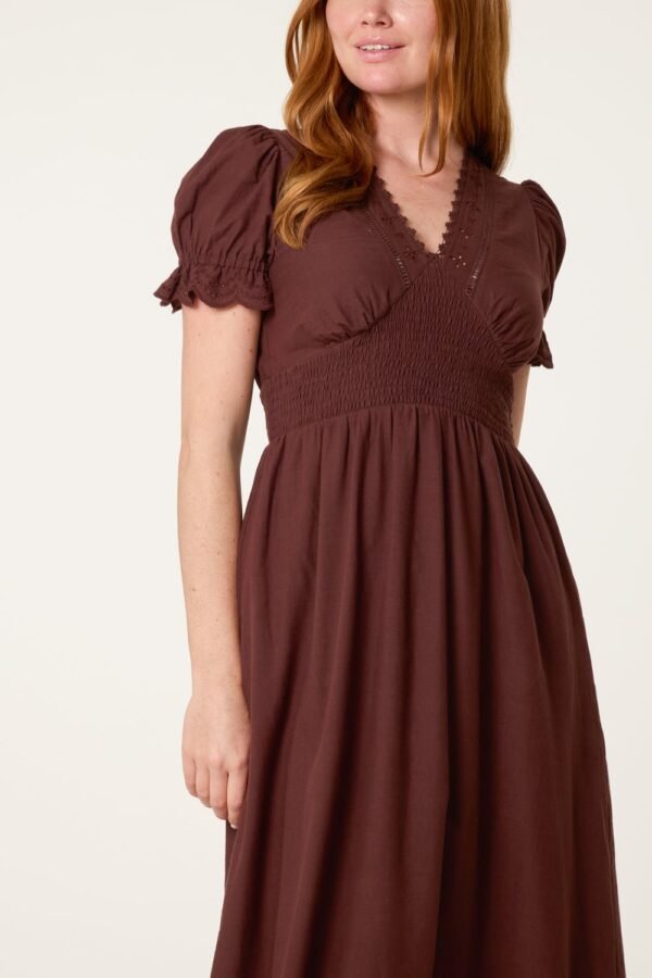 Broderie Anglaise V-Neck Midi Dress -Chocolate Brown