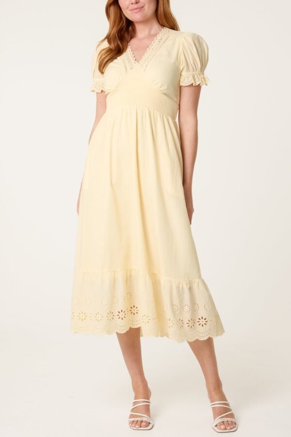 Broderie Anglaise V-Neck Midi Dress- Lemon