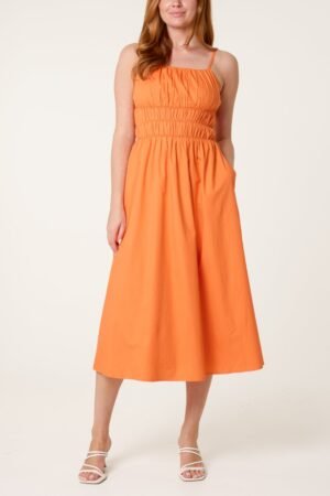 Orange Smocked Midi Dress