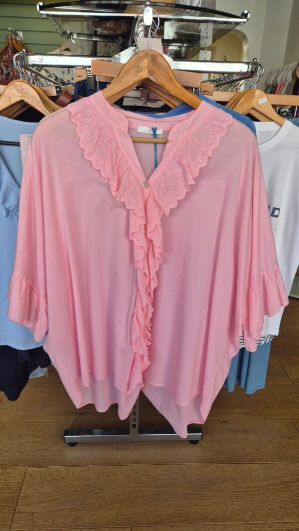 Broderie Frill Oversized Cotton Top – Baby Pink