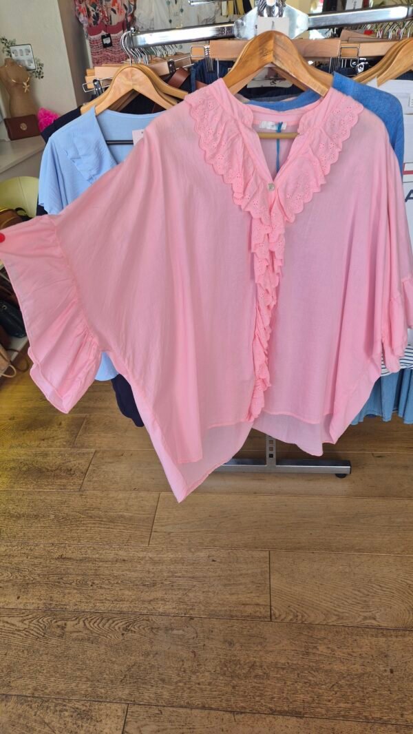 Broderie Frill Oversized Cotton Top – Baby Pink