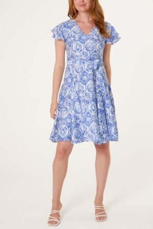 Blue Mosaic Print V-Neck Dress