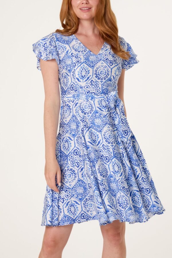 Blue Mosaic Print V-Neck Dress
