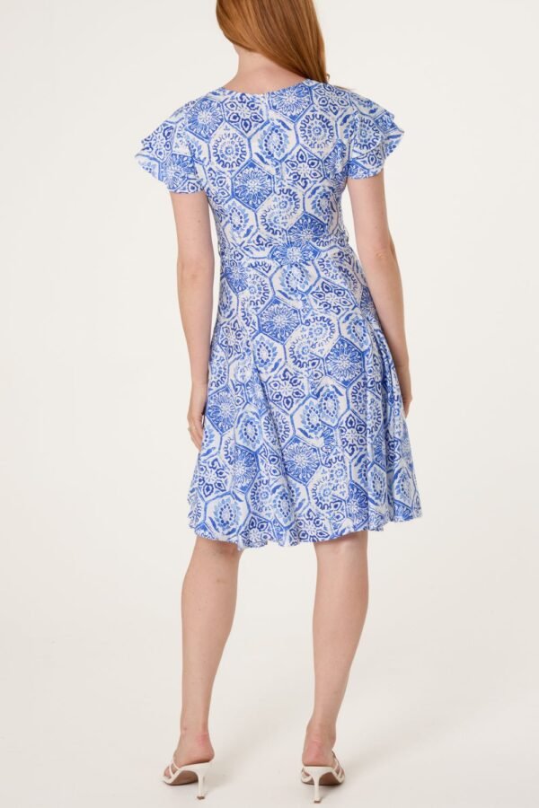 Blue Mosaic Print V-Neck Dress