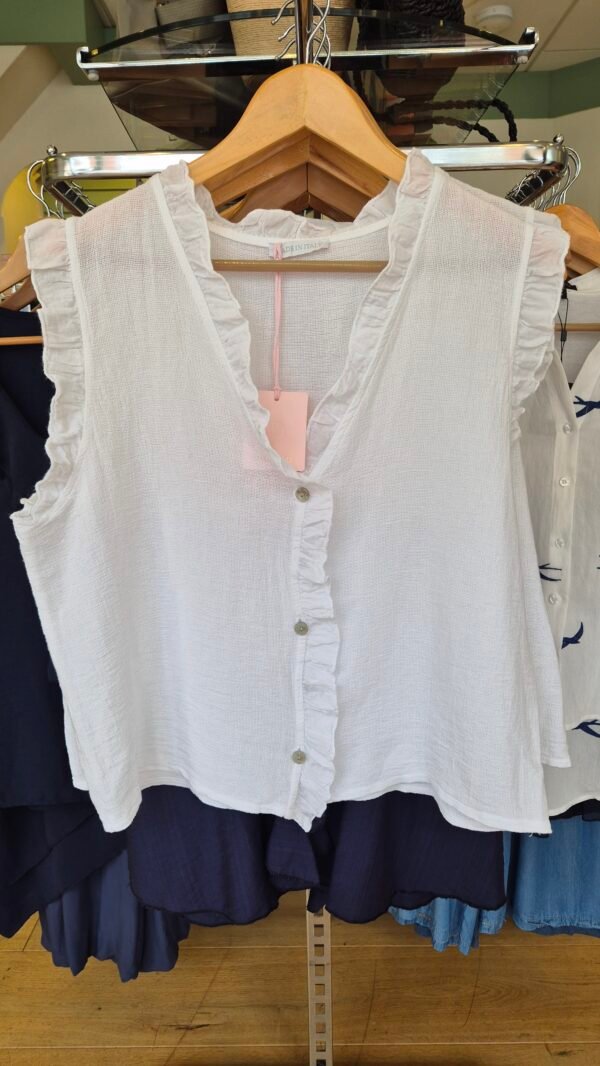 Washed Linen Frill Button Top – White