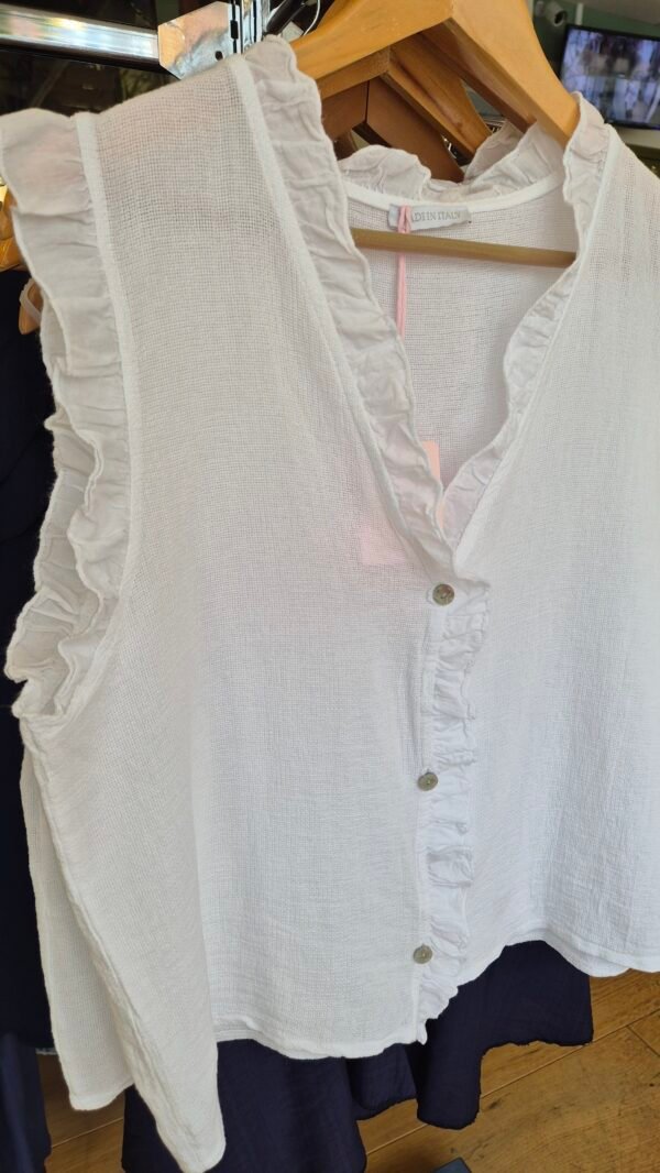 Washed Linen Frill Button Top – White