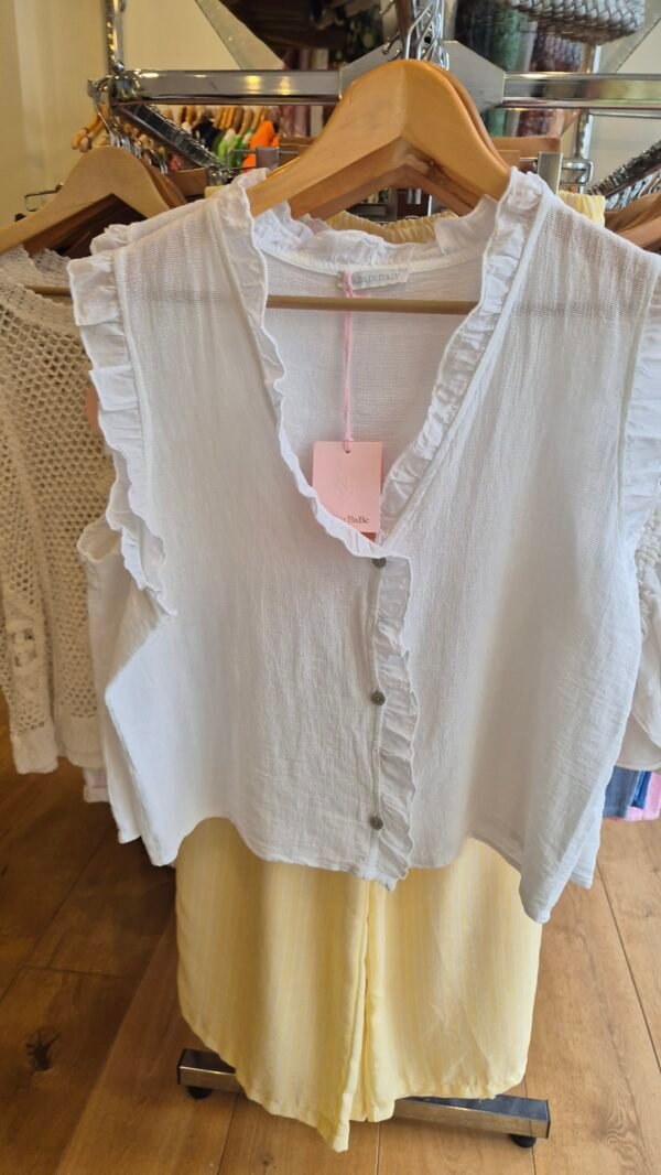 Washed Linen Frill Button Top – White
