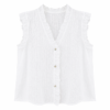 Washed Linen Frill Button Top – White