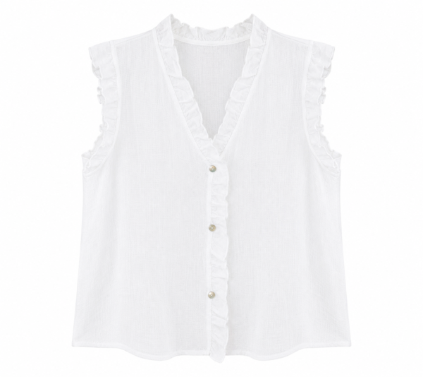 Washed Linen Frill Button Top – White