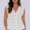 Washed Linen Frill Button Top – White