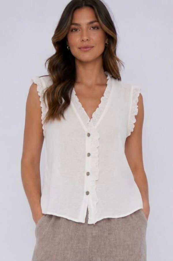 Washed Linen Frill Button Top – White