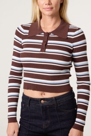 Striped Fine Gauge Collared Knit Jumper