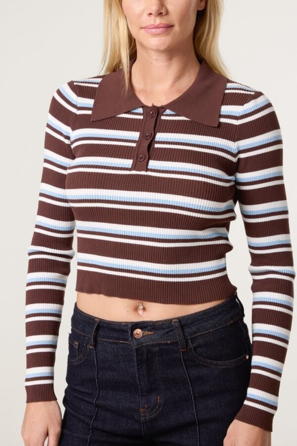 Striped Fine Gauge Collared Knit Jumper