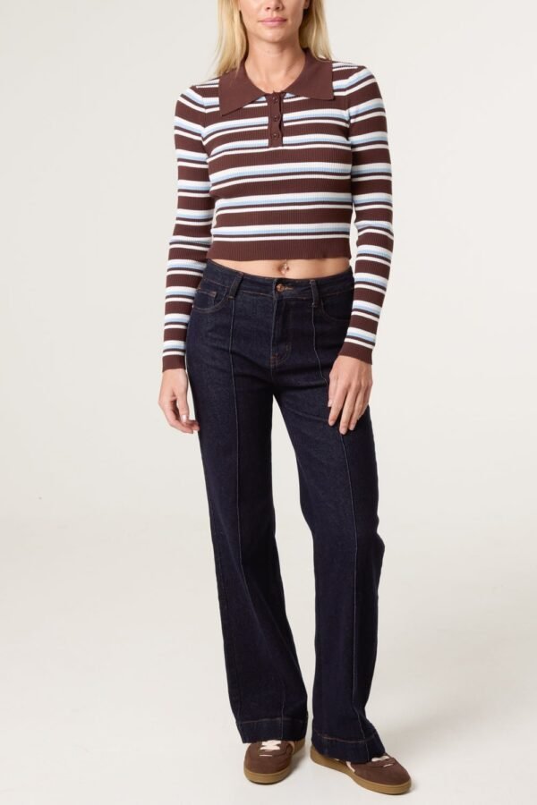 Striped Fine Gauge Collared Knit Jumper