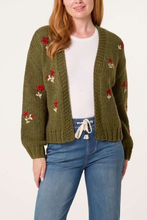 2026/08/1000482742.jpg Chunky Knit Flower Embroidered Cardigan- Green