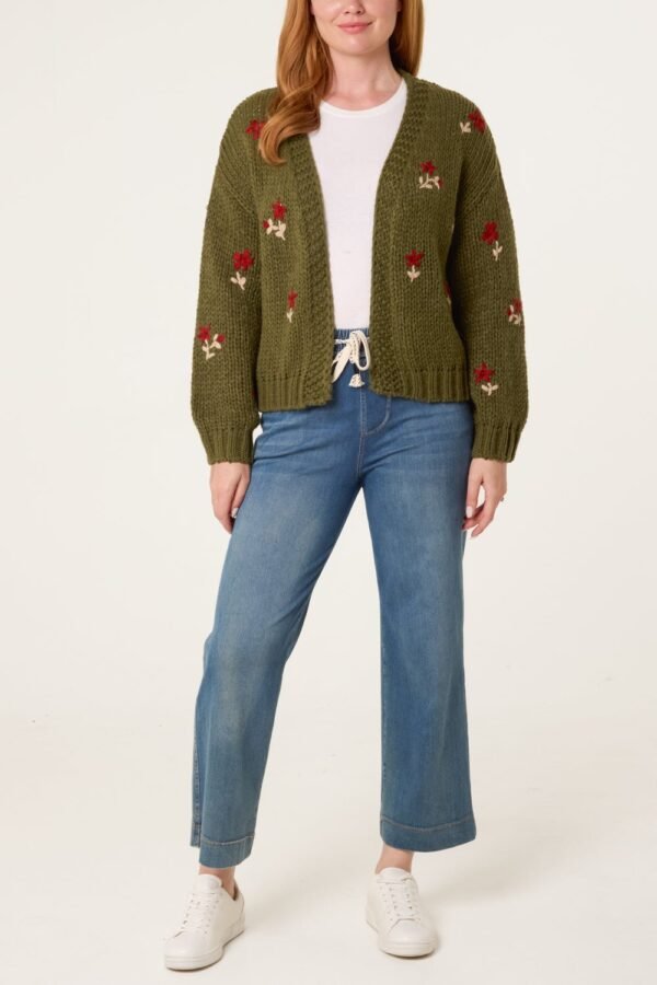 2026/08/1000482743.jpg Chunky Knit Flower Embroidered Cardigan- Green