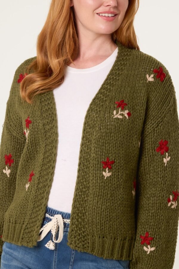 2026/08/1000482745.jpg Chunky Knit Flower Embroidered Cardigan- Green