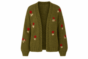 Chunky Knit Flower Embroidered Cardigan- Green