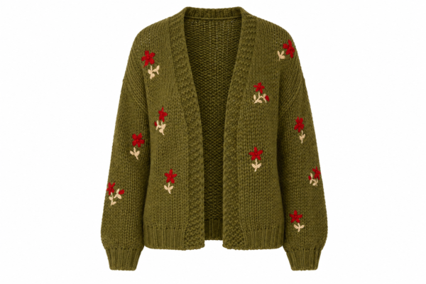 2026/08/1000482805.png Chunky Knit Flower Embroidered Cardigan- Green