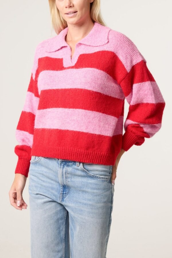 2026/08/1000485030.jpg Polo Collar Striped Knit Jumper