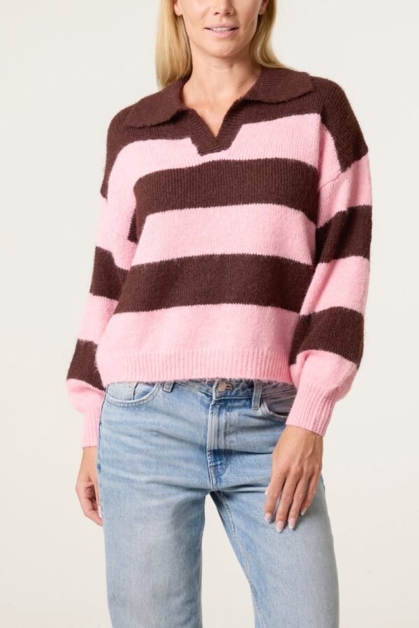 2026/08/1000485033.jpg Polo Collar Striped Knit Jumper