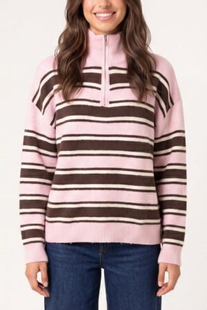 2026/08/1000485054.jpg Pink & Chocolate Striped Half-Zip Jumper