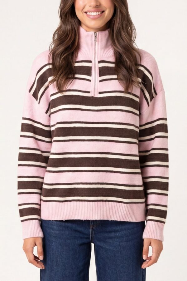 2026/08/1000485054.jpg Pink & Chocolate Striped Half-Zip Jumper