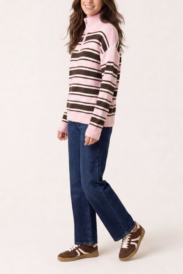 2026/08/1000485057.jpg Pink & Chocolate Striped Half-Zip Jumper
