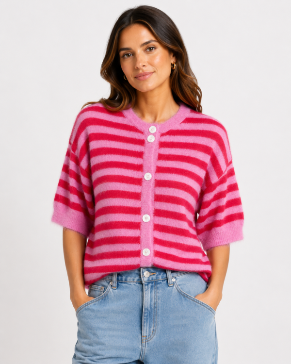 Wool Blend Striped Button-Up Cardigan