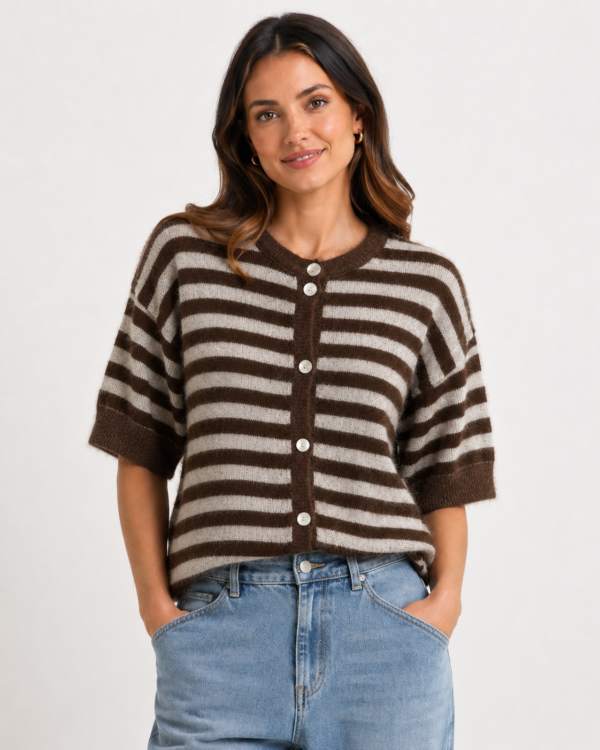 Wool Blend Striped Button-Up Cardigan