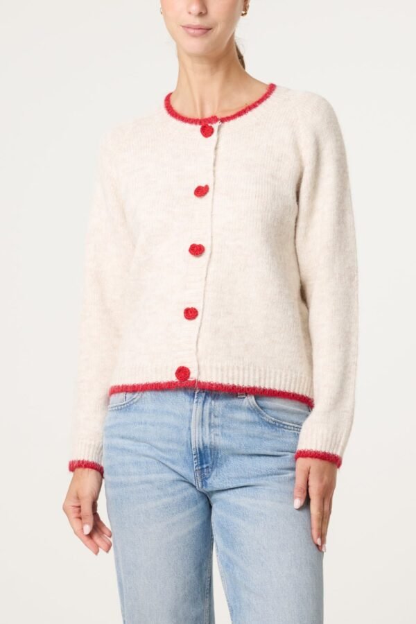 Cream Red Button Cardigan