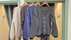 Striped V-Neck Wool Blend Cardigan