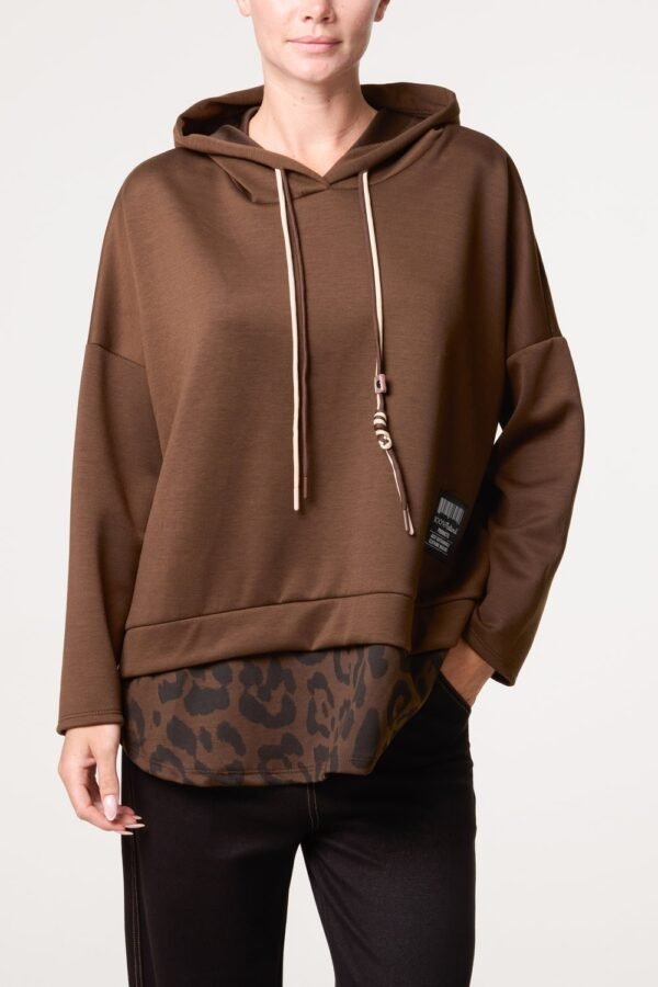 Hooded Sweatshirt with Leopard Print Layer Detail