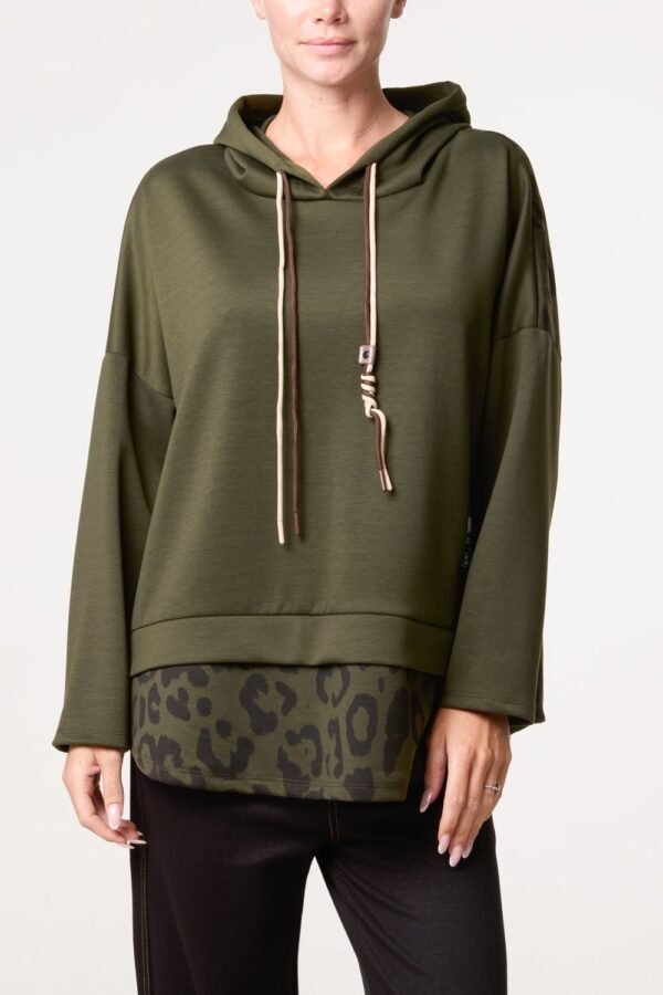 Hooded Sweatshirt with Leopard Print Layer Detail