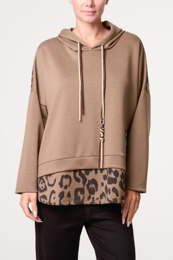 Hooded Sweatshirt with Leopard Print Layer Detail