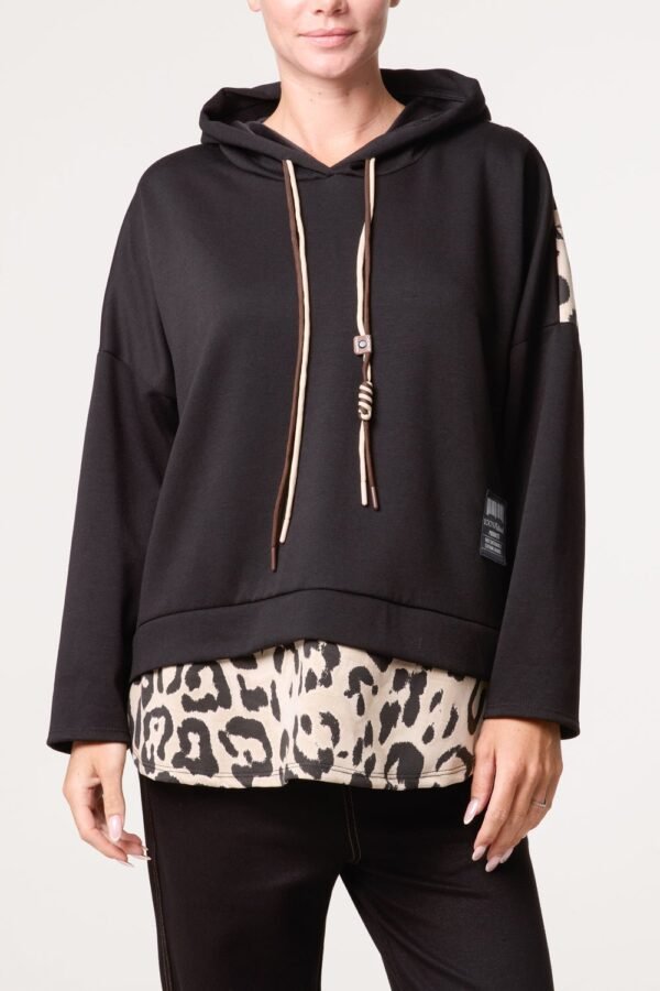 Hooded Sweatshirt with Leopard Print Layer Detail