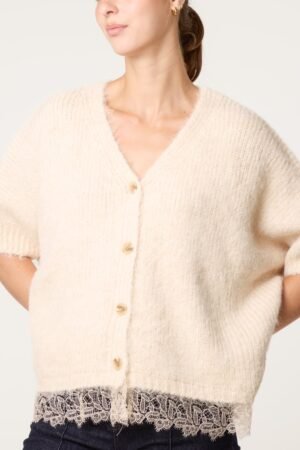 Lace Trim Wool Blend Cardigan – Chocolate or Cream