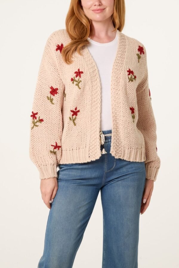 Floral Embroidered Cardigan – Beige
