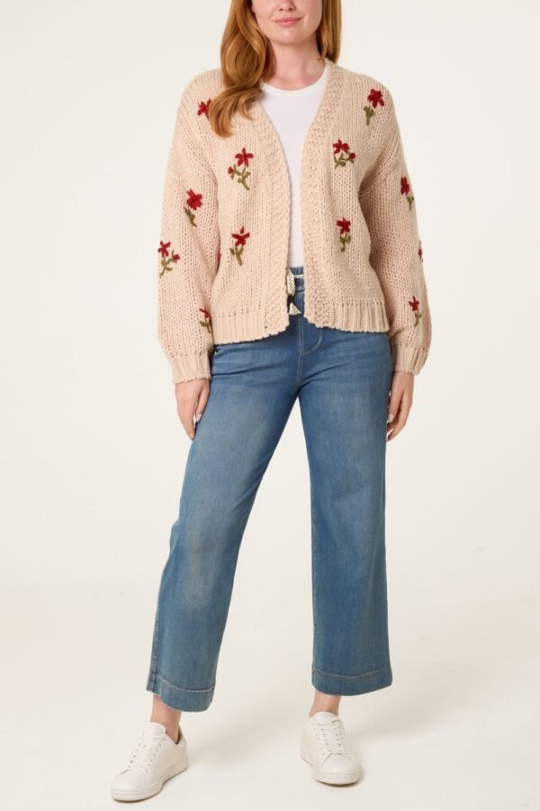 Floral Embroidered Cardigan – Beige