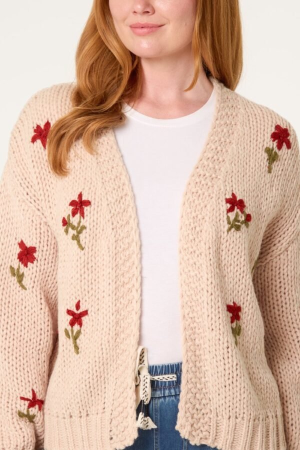 Floral Embroidered Cardigan – Beige