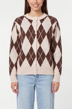 2026/09/1000497930.jpg Argyle Button Through Knit Cardigan
