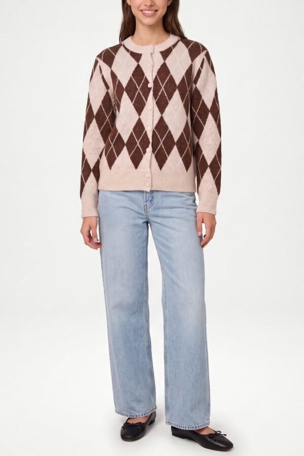 2026/09/1000497932.jpg Argyle Button Through Knit Cardigan