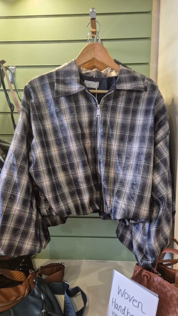 Puff Sleeve Checked Jacket – Berry & Navy