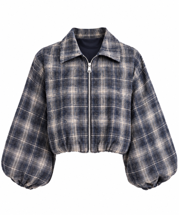 Puff Sleeve Checked Jacket – Berry & Navy