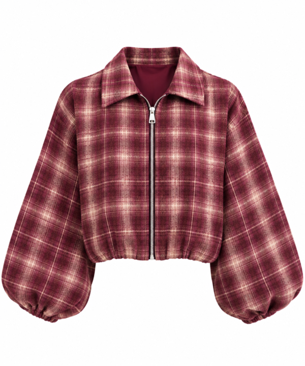 Puff Sleeve Checked Jacket – Berry & Navy