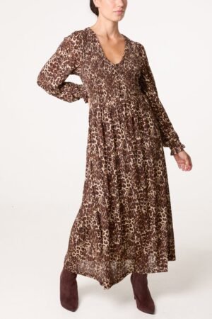 2026/10/1000502608.jpg Leopard Print Shirred Waist Midi Dress